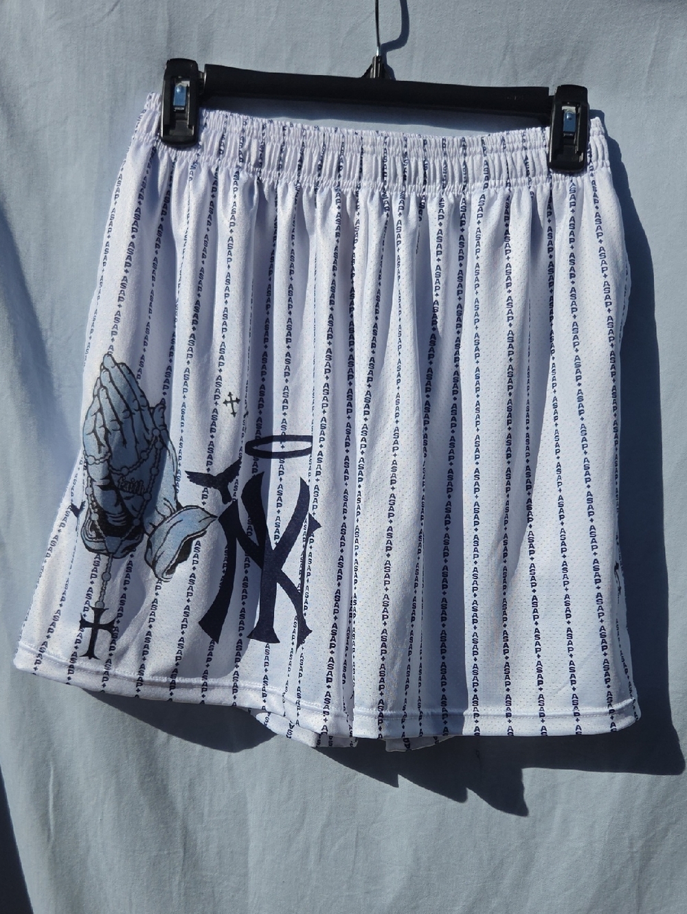 Men's White Athletic Shorts with Graphic NY Print. Size Med